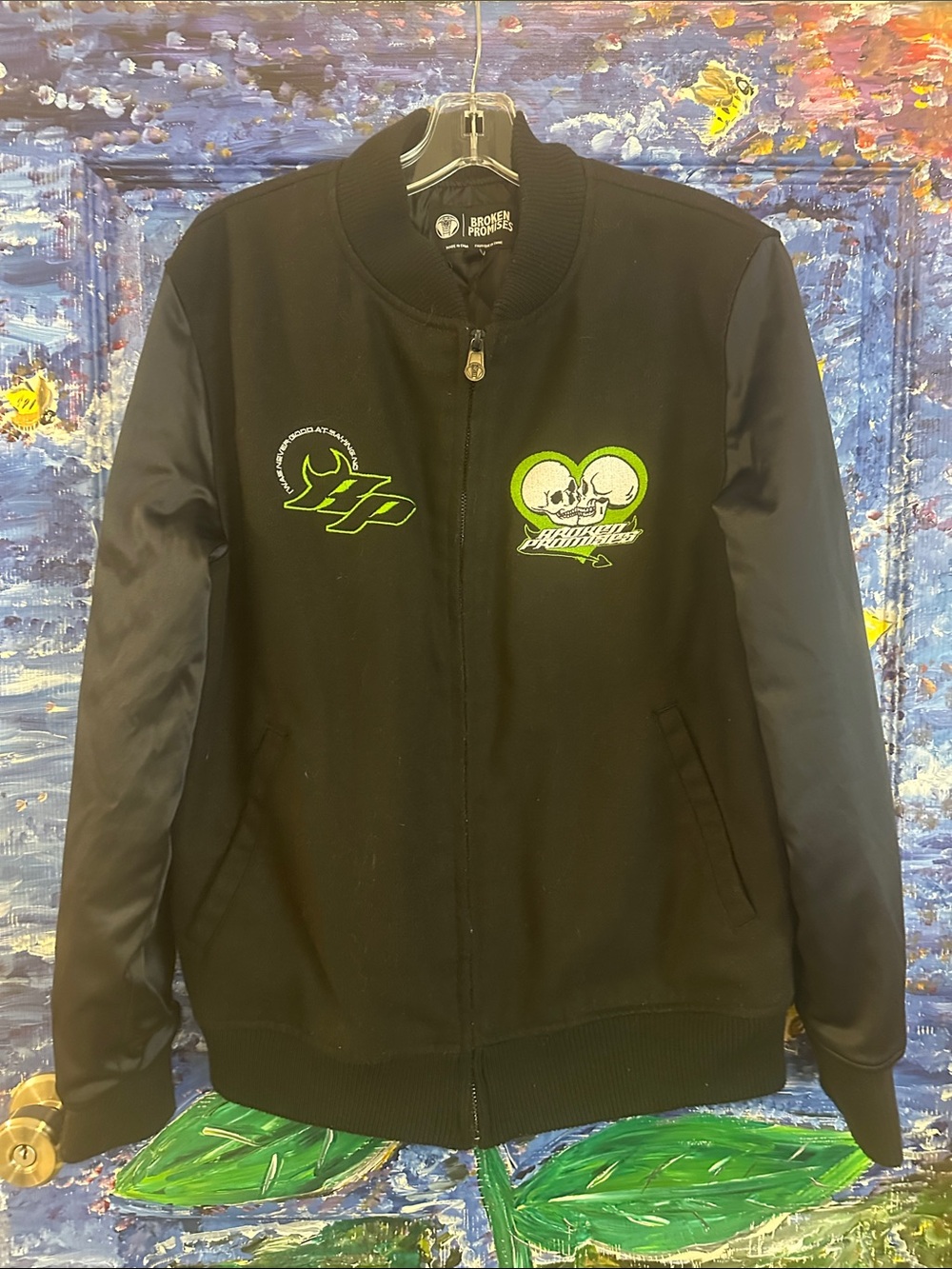 Broken Promises Black Bomber Jacket with Green Accents